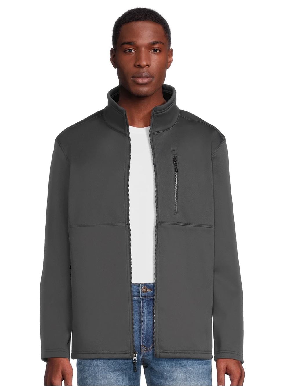 Swiss+Tech men's grey softshell jacket with a zipper closure and pockets. Size L